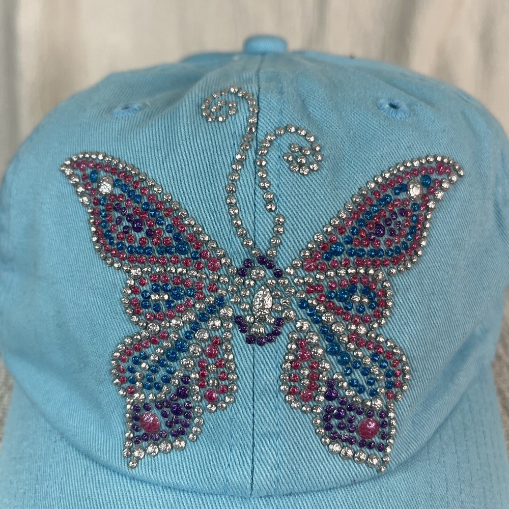 Butterfly Baseball Hat‎ Cap Womens Blue Glitter Adjustable Cotton Fairycore - Picture 2 of 8
